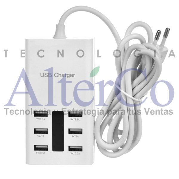 Cargadores Multipuertos USB 6USBD-BLANCO Cargador USB de 6 puertos 30W para Celulares y Tablets en color Blanco