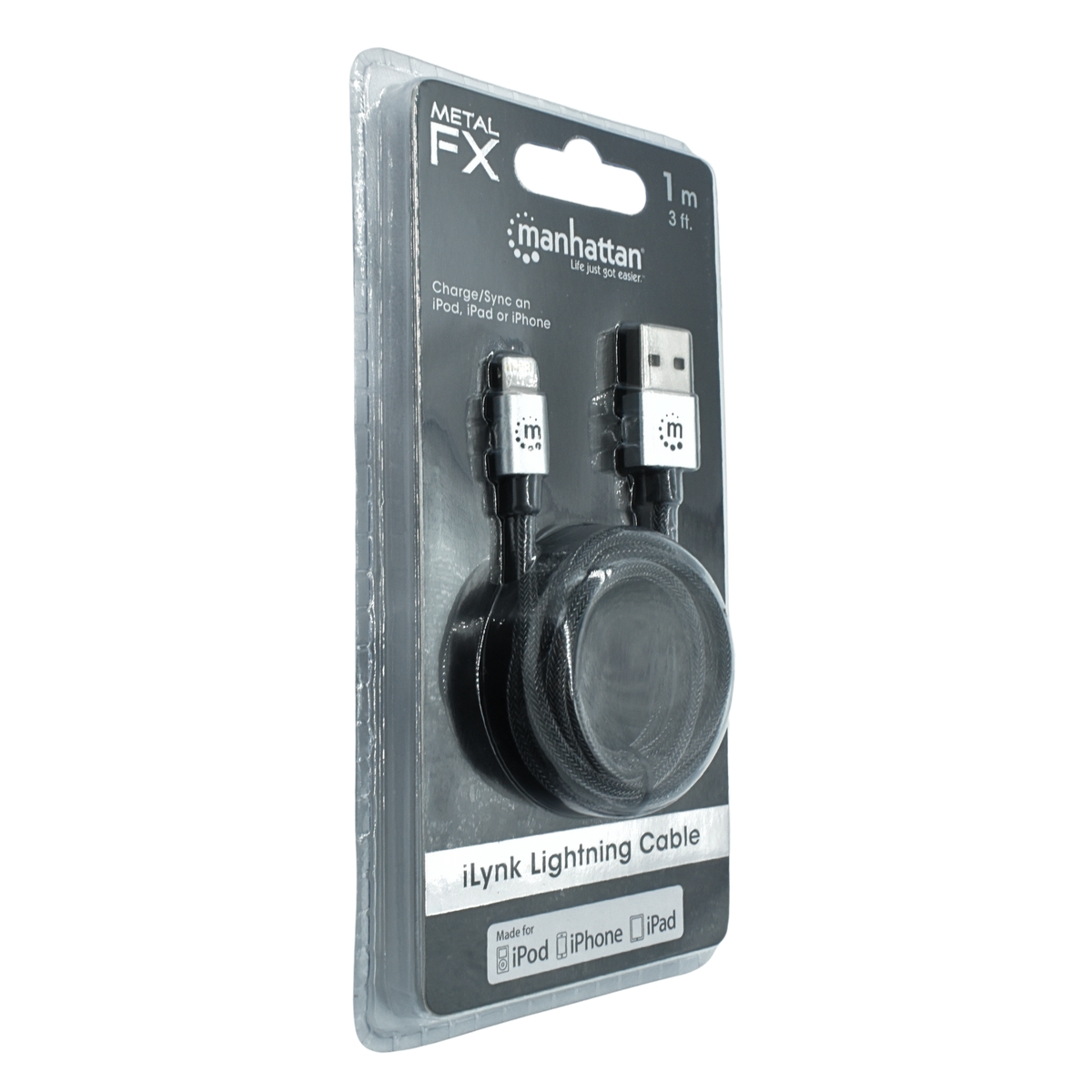 394338 Cable Manhattan iLink Lightning 100cm 2.4a para Dispositivos Apple a USB en Color Metalico