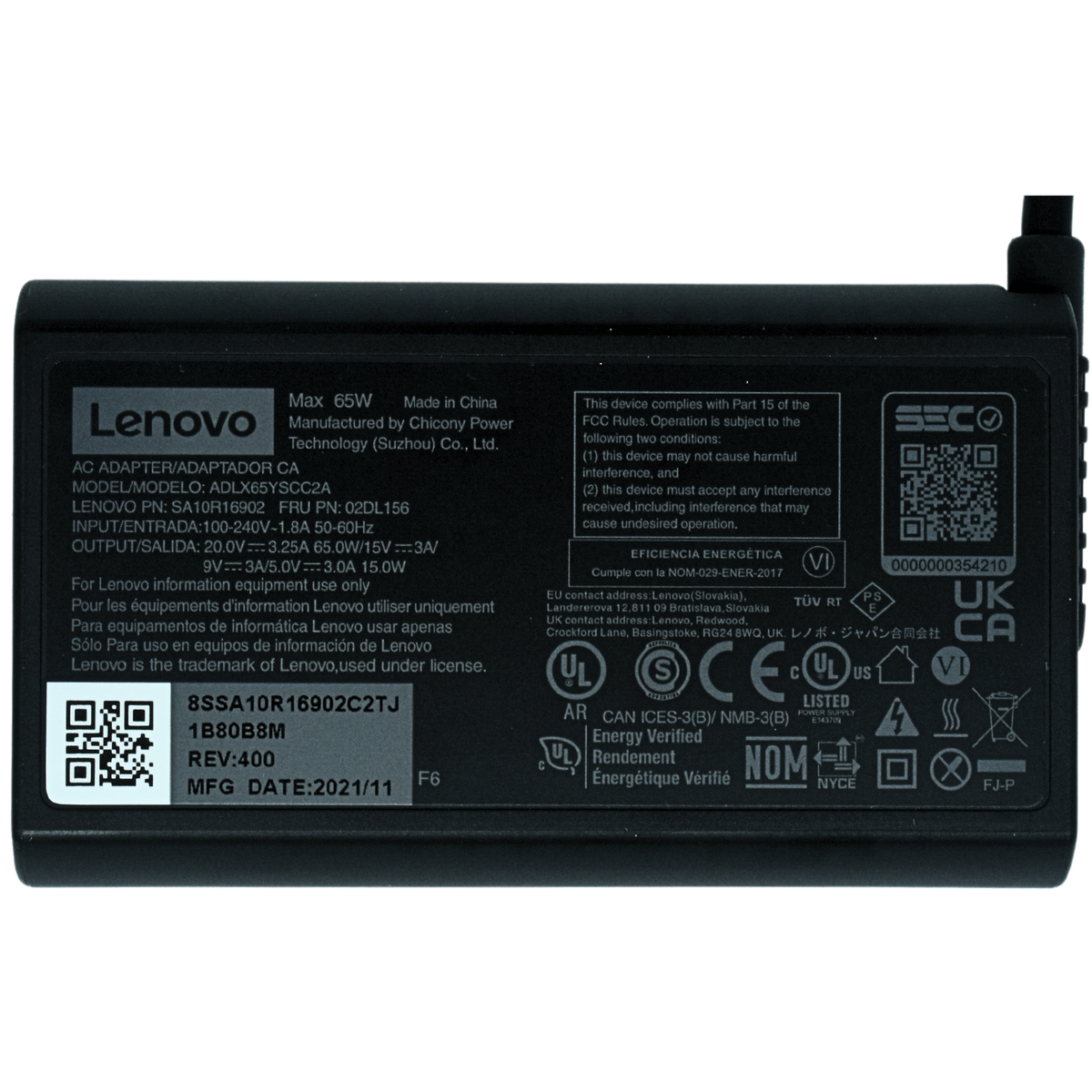 ADLX65YSCC2A-B Cargador Original Lenovo USB TIPO C 65W 3.25a 20V ENTRADA 2  POLOS (terminales 2 Polos) *Sin Cable de Corriente - Tecnología AltérCo