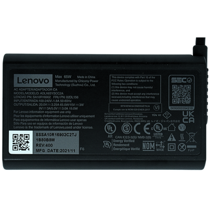 ADLX65YSCC2A-B Cargador Original Lenovo USB TIPO C 65W 3.25a 20V ENTRADA 2  POLOS (terminales 2 Polos) *Sin Cable de Corriente - Tecnología AltérCo