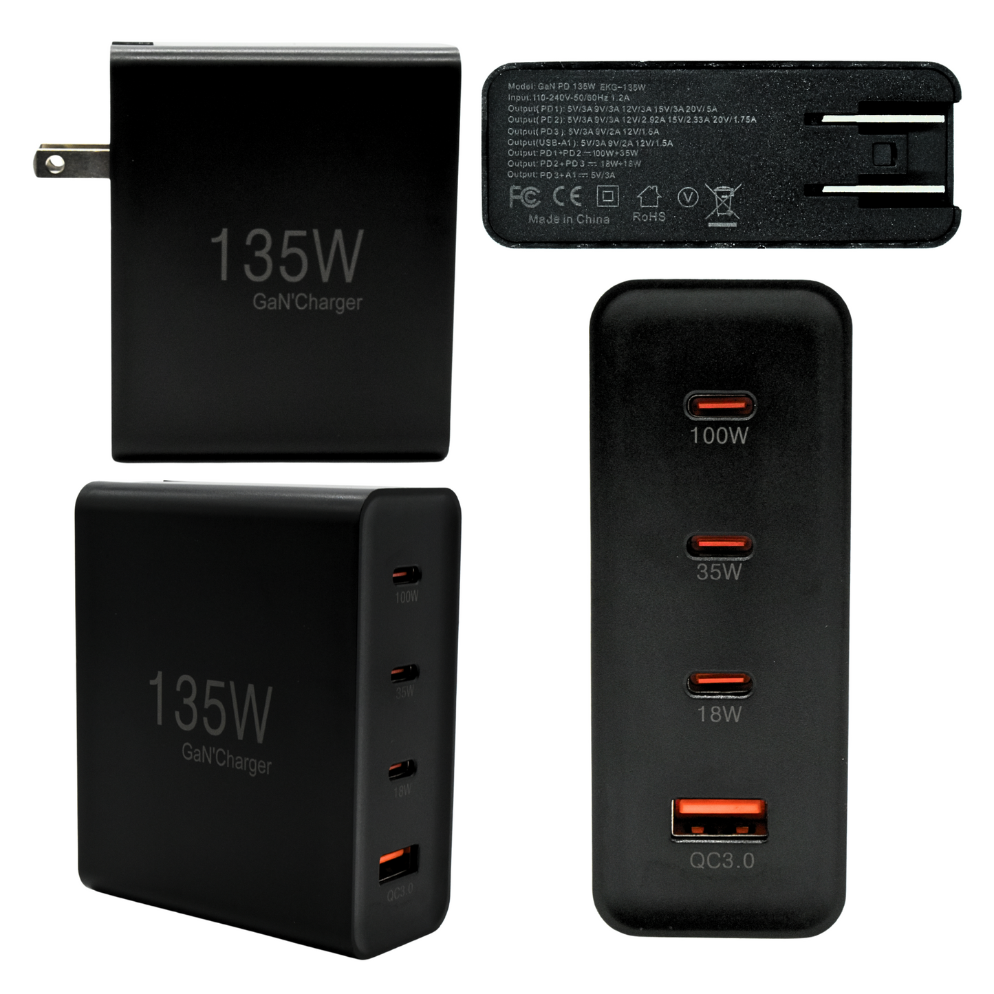 EKG-135W Cargador de Pared GaN PD 135W 4 Puertos (Tipo C 100W / 30W) 2x USB 18W