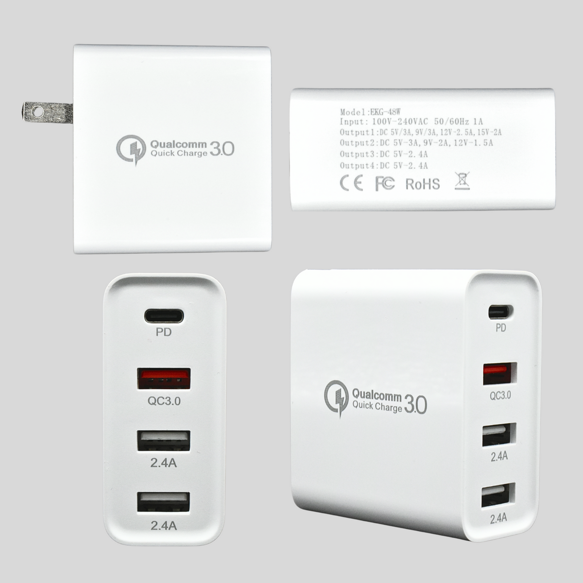 EKG-48W Cargador de Pared PD GaN 48W de 4 Puertos 1x Tipo USB C + 3x USB A