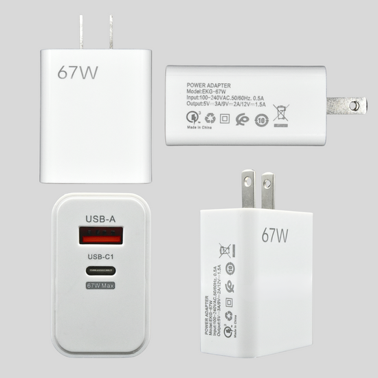 EKG-67W Cargador de Pared GaN 67W 2 Puertos Tipo USB C + USB A - Tecnología AltérCo