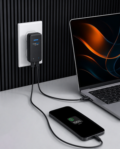 OV-S65W Cargador para Laptop GaN 65W OvalTech · USB-C y USB-A · Incluye dos cables