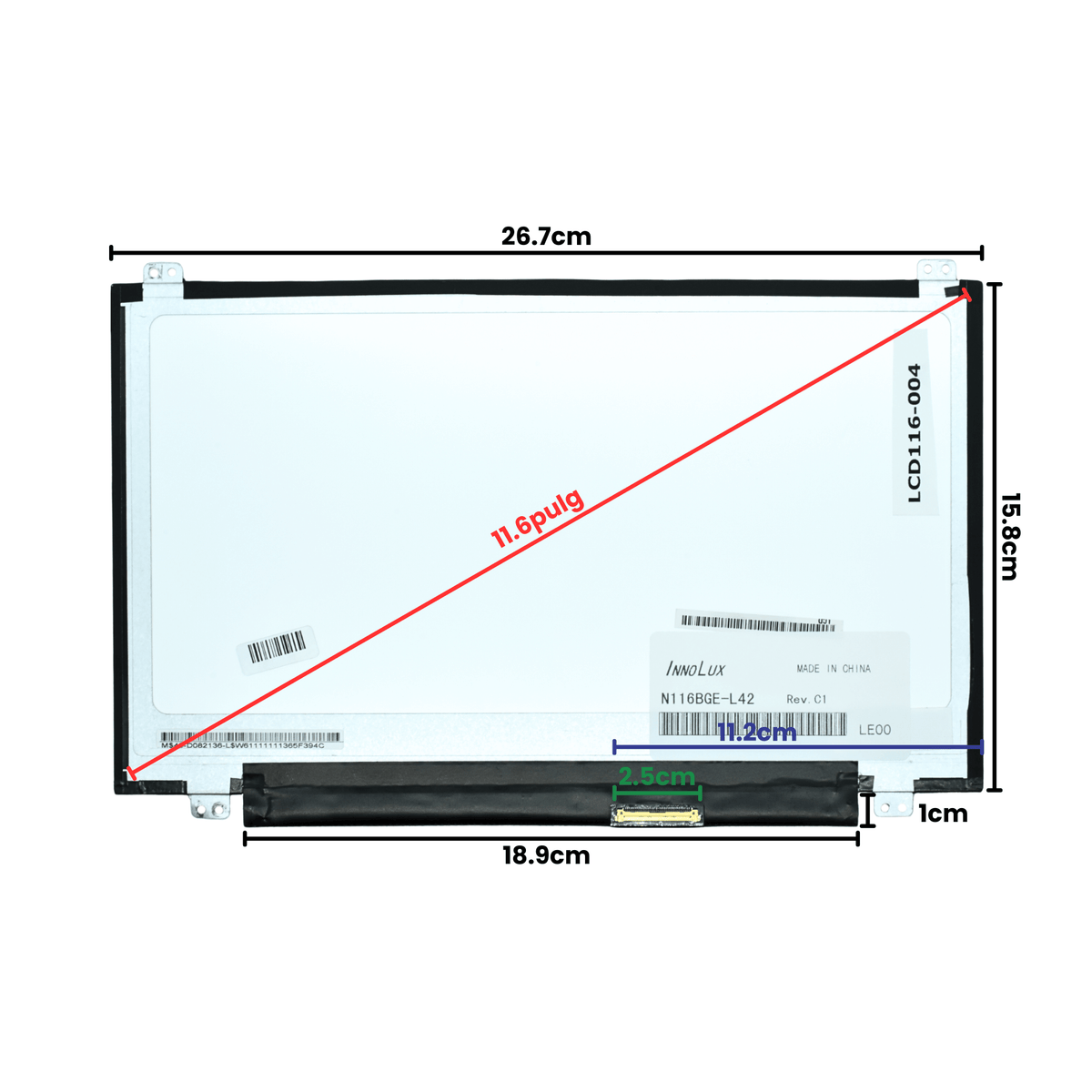 LCD116-004 Pantalla LCD 11.6 LED WXGA (1366X768) Slim Conector Derecho 40P Glossy - Tecnología AltérCo