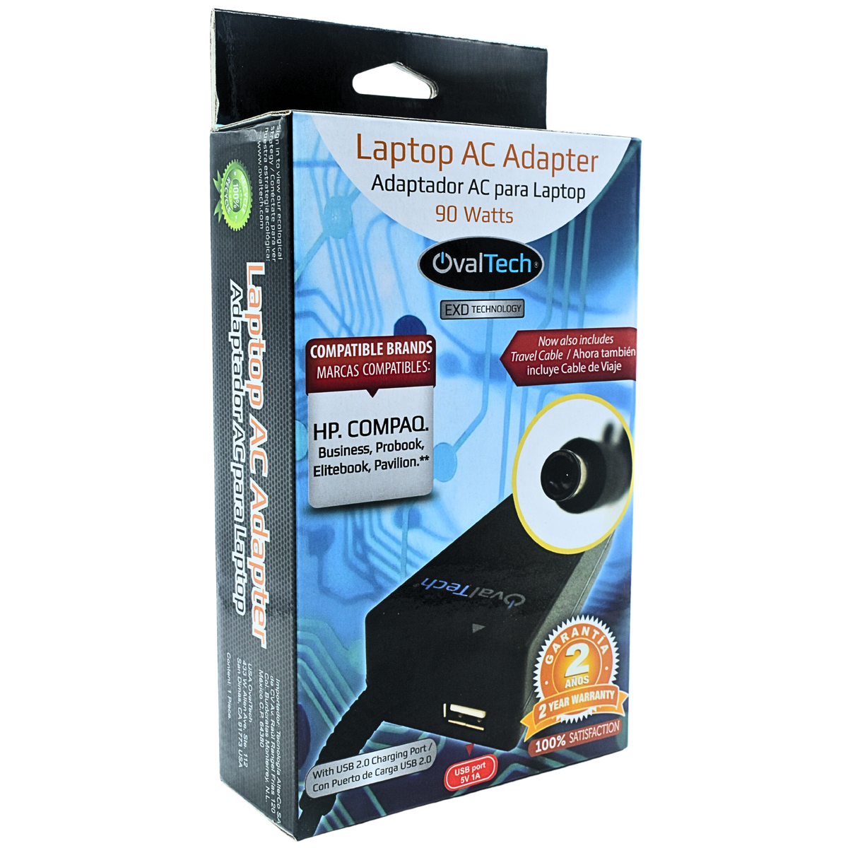 OTAC-E53 Adaptador para Computadora Portatil 19V/4.74AH C/Blister + USB Marca OvalTech - Tecnología AltérCo