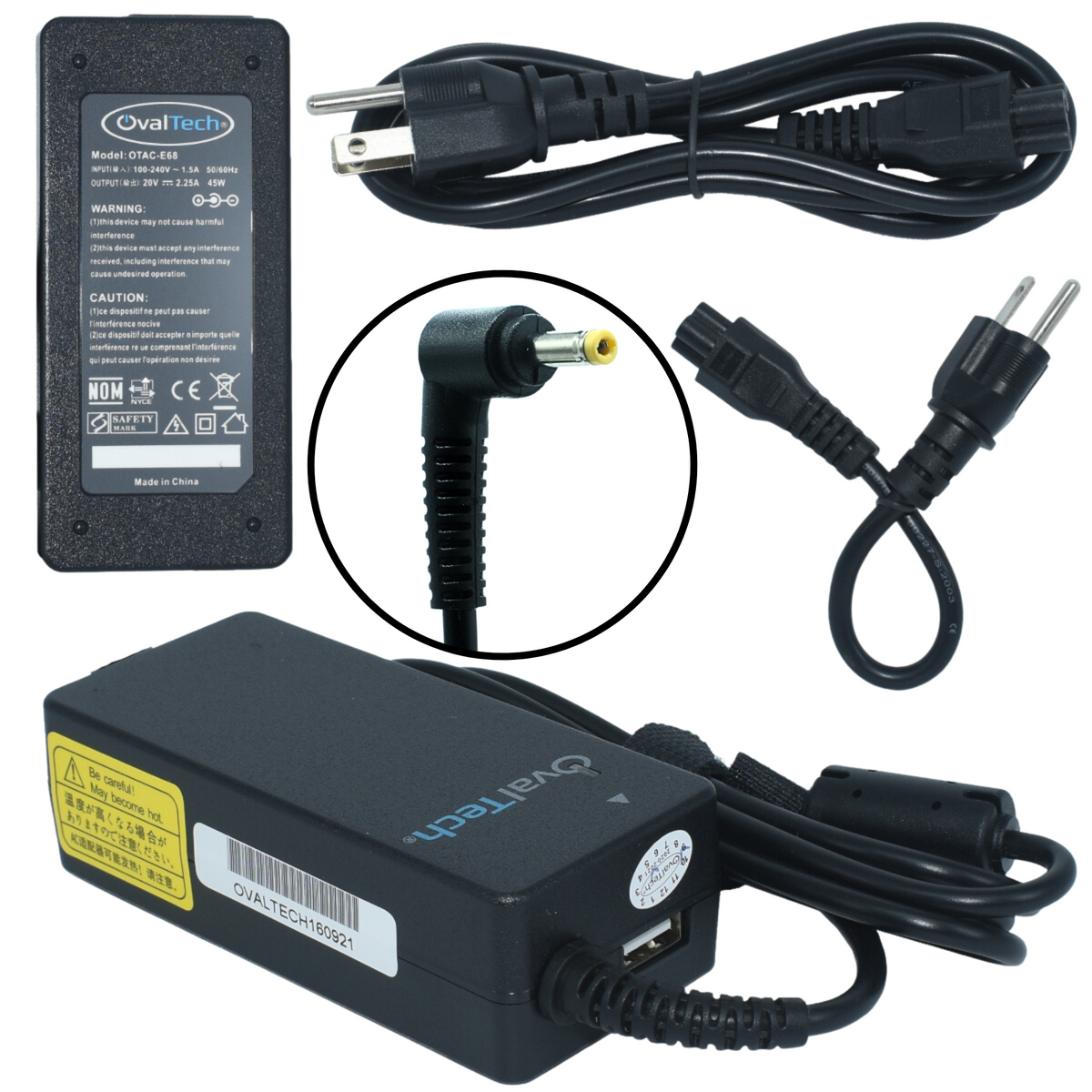 OTAC-E68 Adaptador para Computadora Portatil 20V/2.25A + USB Marca OvalTech - Tecnología AltérCo