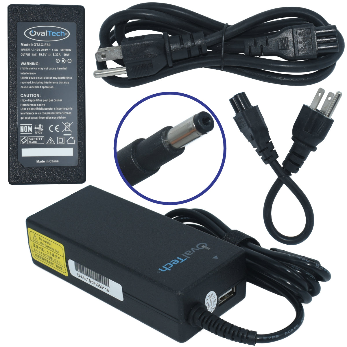 OTAC-E80 Adaptador para Computadora Portatil 19.5V/3.33AH C/Blister + USB Marca OvalTech - Tecnología AltérCo