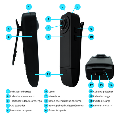 OV-BCAM2 Camara Mini Bodycam CLIP, WiFi 1080P , DVR , VisiÇ?Ǭn nocturna (A18) Marca Ovaltech