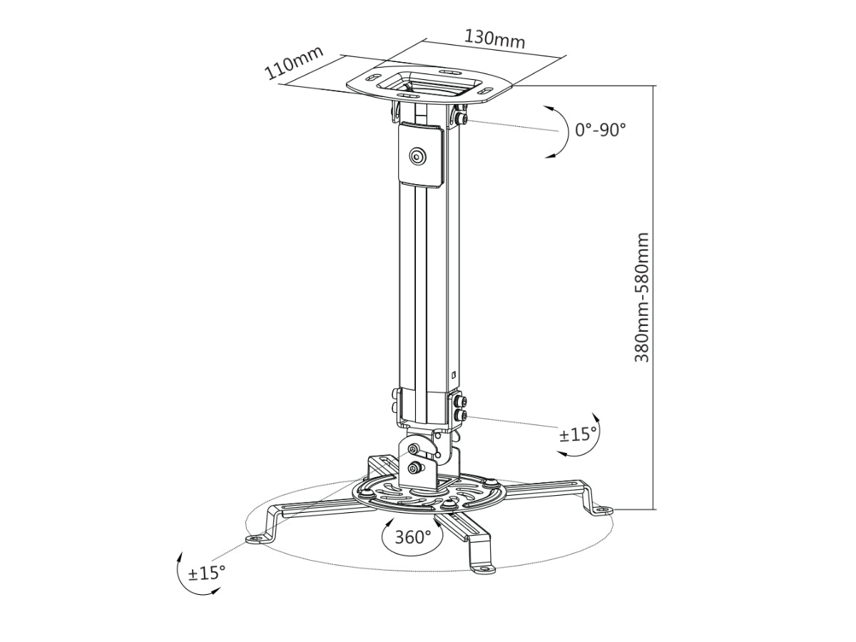OVPR-580MM Soporte de Acero para Proyector 380-580MM / 360 Grados (Resistencia 13.5kgs) Marca Ovaltech - Tecnología AltérCo