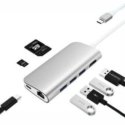ADAPTADOR TIPO C TYC-009 Adaptador HUB Tipo C con Puertos Tipo C / HDMI / 3x USB 3.0 / TF CARD / SD CARD / RJ45 / 3.5mm Audio