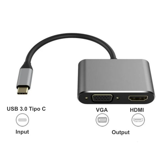 TYC-010 Adaptador HUB Tipo C con Puertos VGA / HDMI