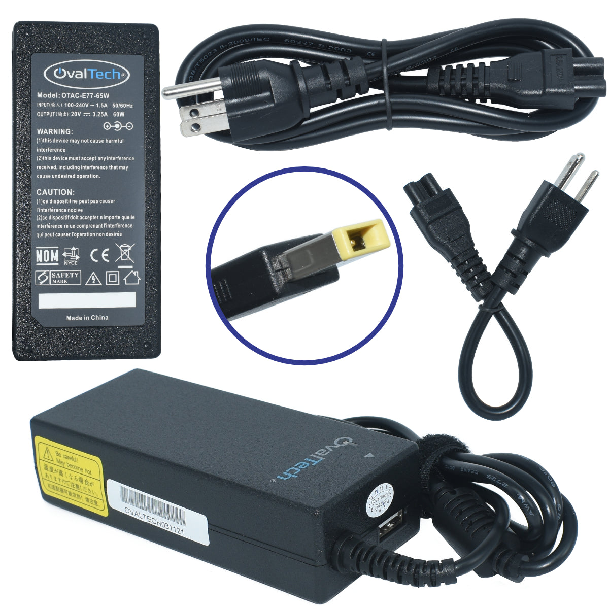 OTAC-E77-65W Cargador Ovaltech Lenovo 90w 20v 4.5a Usb Punta Cuadrada